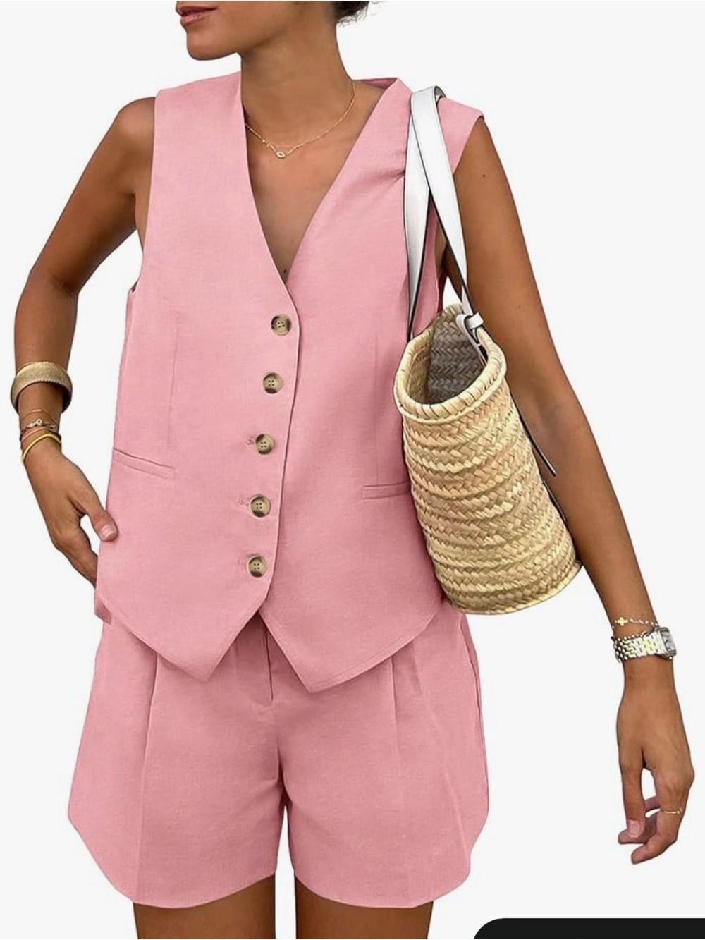 Women's Pink Sleeveless Button Vest & Tailored Shorts Set